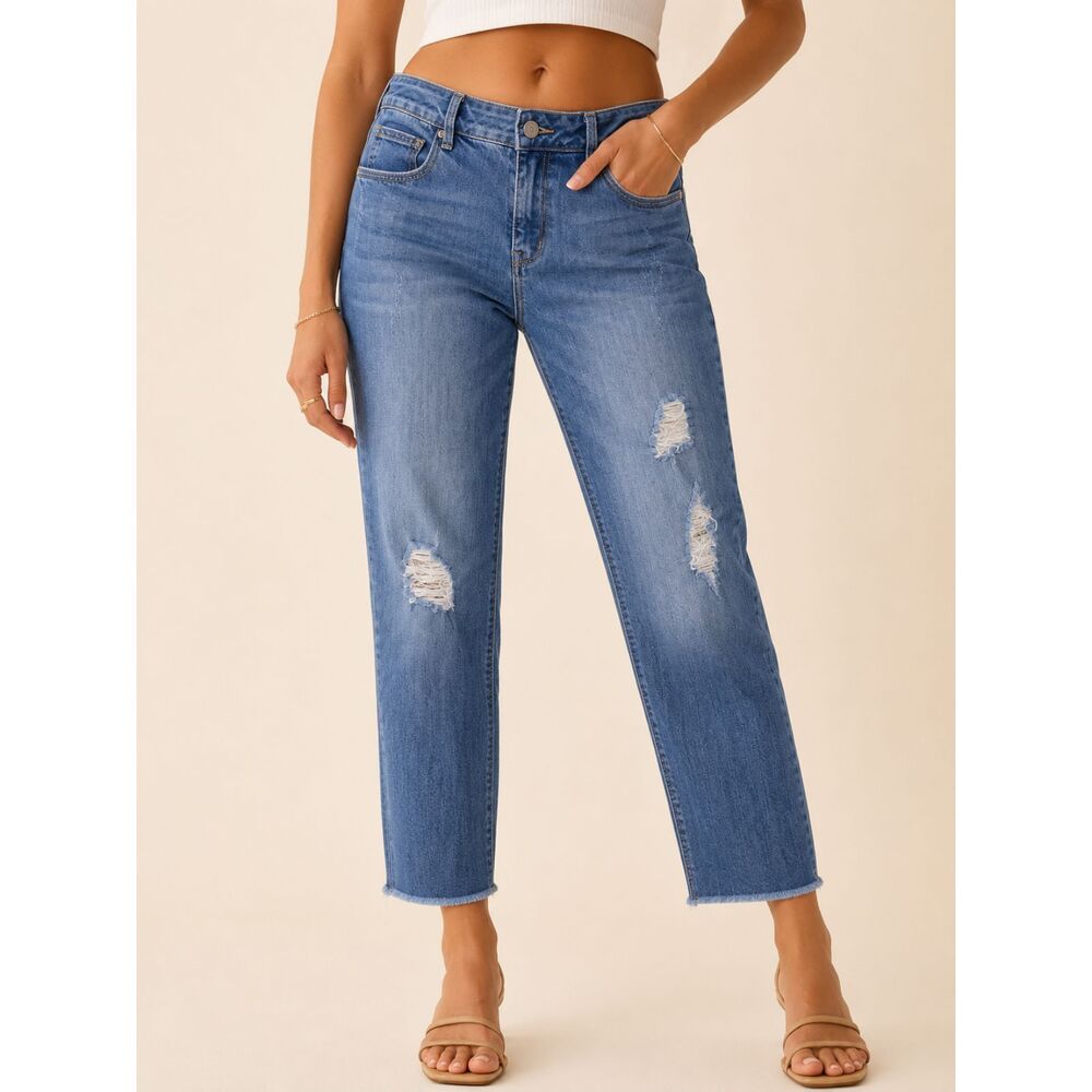 Diane Gilman DG2 Distressed Straight Leg Jeans Raw Hem Stretch Denim 14W